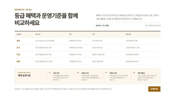 회원등급·적립·쿠폰 원장형 블록 화면
