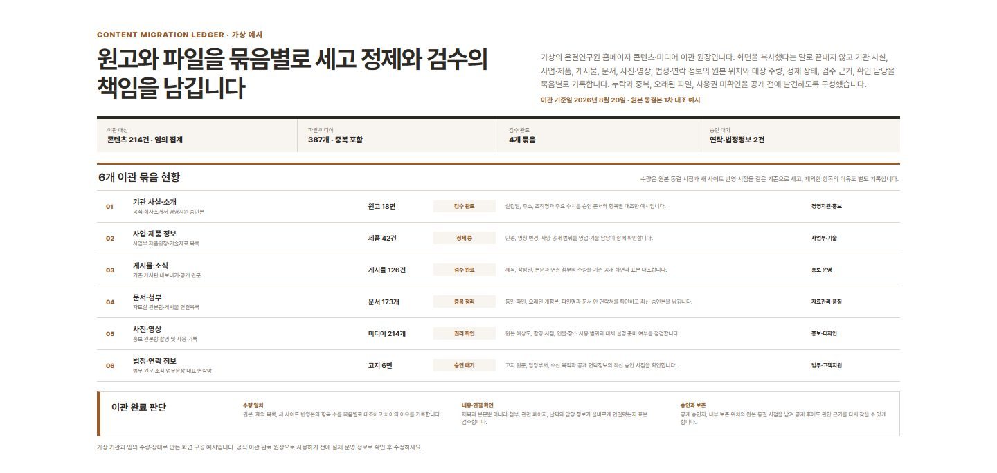 콘텐츠·미디어 이관 원장 블록 화면